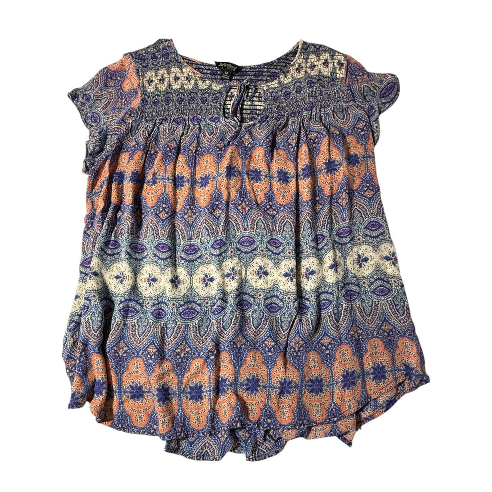 Lucky Brand Blue Paisley Peasant Top Medium Womens Smocked Boho Lightweight Flow